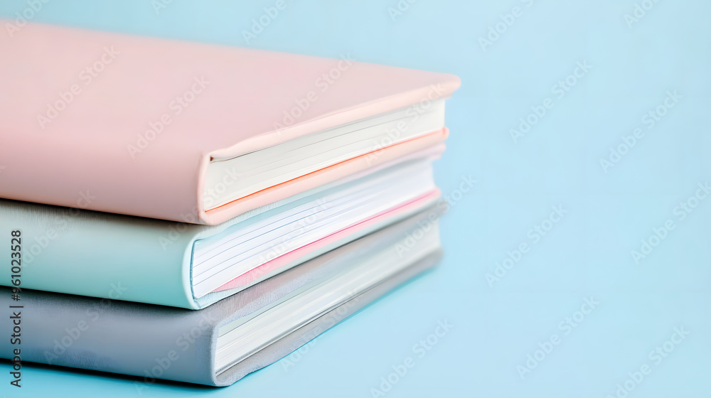 Close-up of a stylish stack of pink, beige, and grey notebooks on a light blue surface, showcasing minimalist and modern stationery design. Close-up of a stylish stack of pink, beige, and grey notebooks on a light blue surface, showcasing minimalist and modern stationery design.
