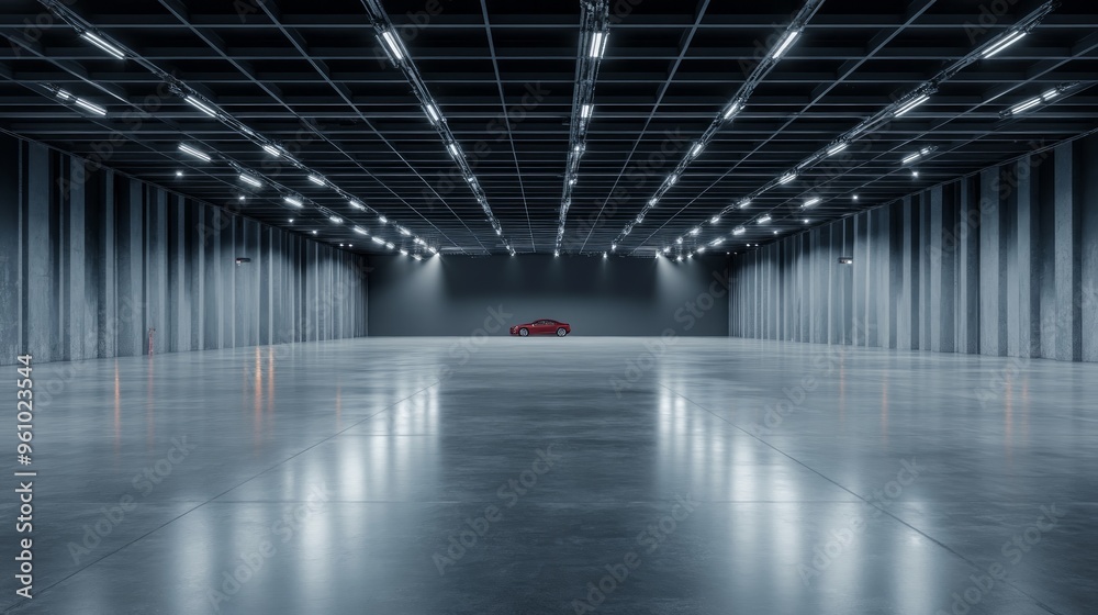 Front view grey hangar interior with spotlight and concrete floor, car background and empty stage concept. 3D Rendering, mockup.