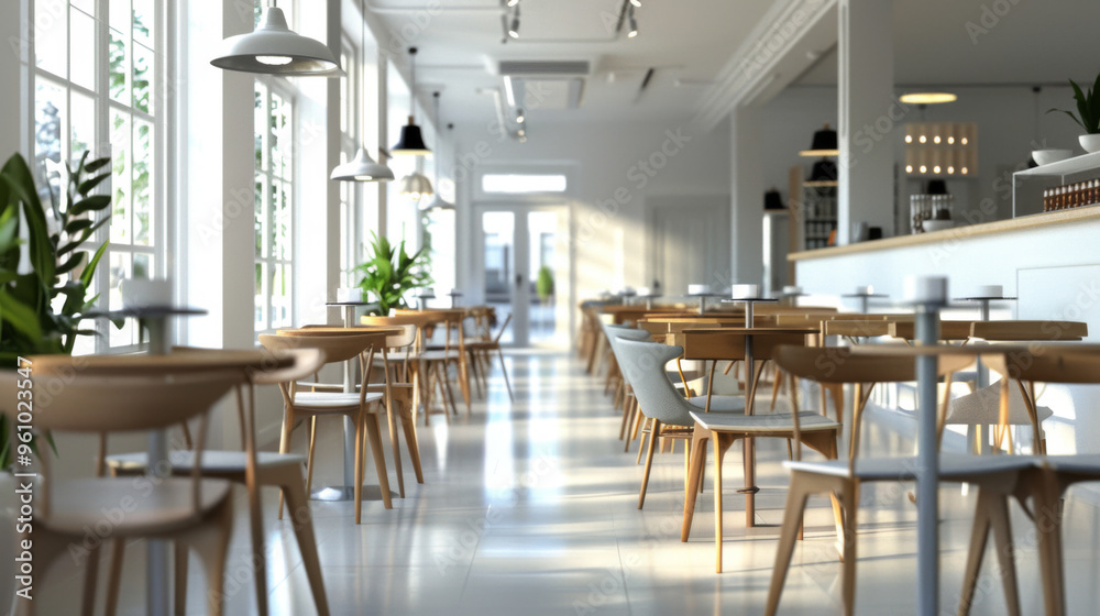 A modern, sunlit cafe with wooden tables and chairs, showcasing a bright and inviting dining space. A modern, sunlit cafe with wooden tables and chairs, showcasing a bright and inviting dining space.