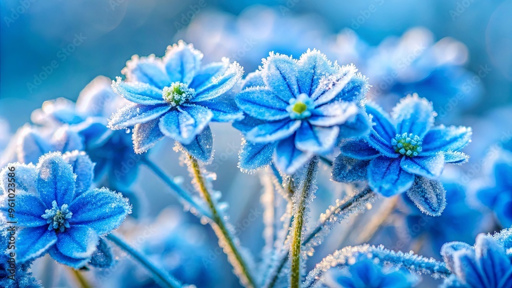 Obraz premium Delicate blue flowers covered in winter frost, creating a stunning contrast of softness and ice