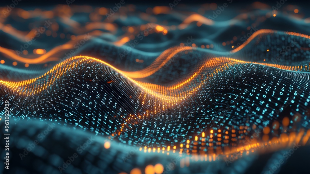 Digital waves and binary code flowing across the screen, showcasing the transmission of data in modern communication systems Digital waves and binary code flowing across the screen, showcasing the transmission of data in modern communication systems