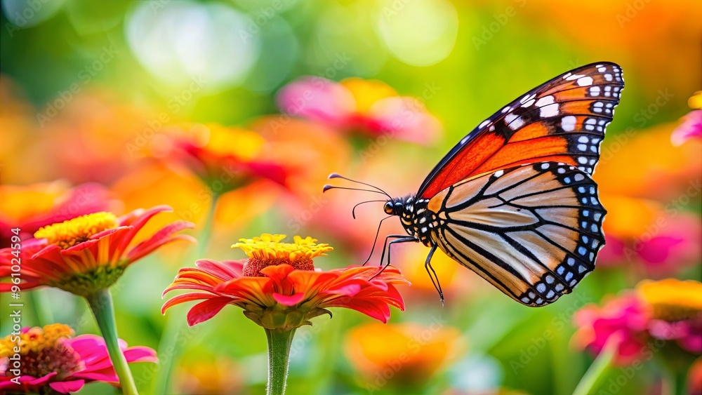 Obraz premium A beautiful butterfly feeding on a vibrant flower in a garden