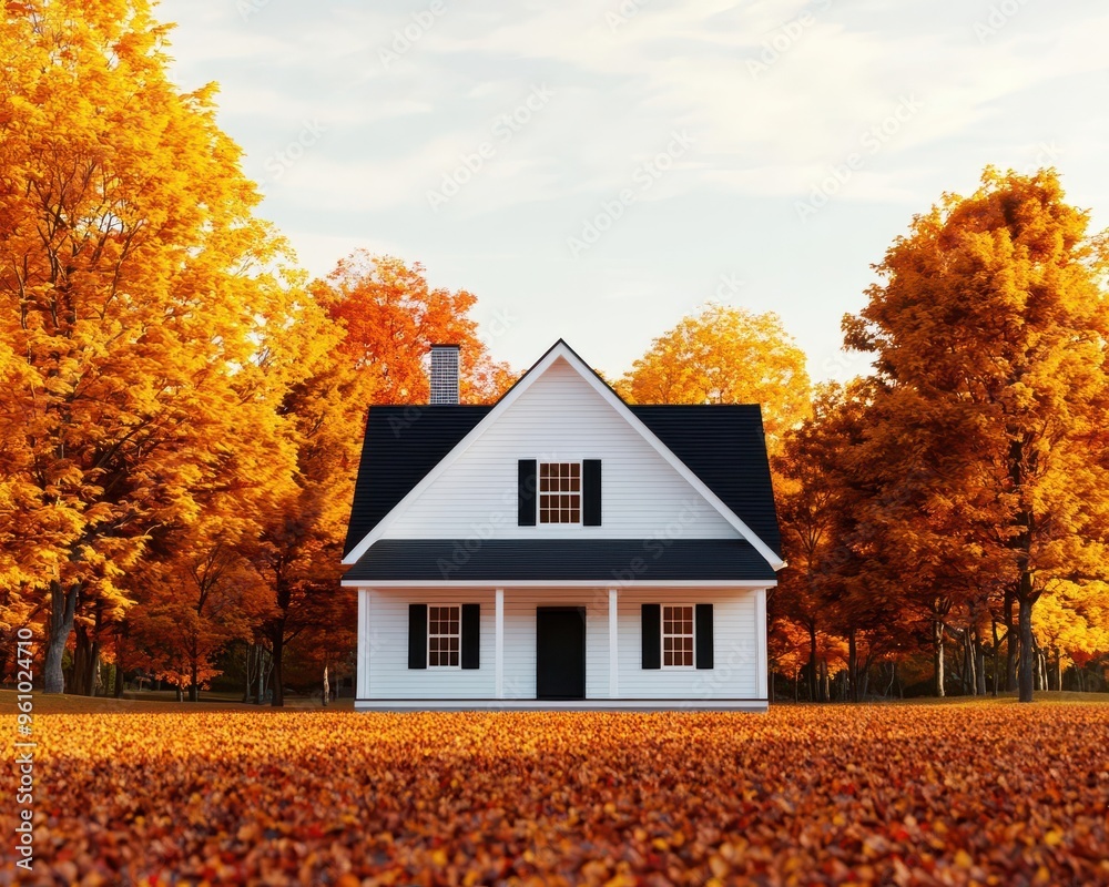 Obraz premium A farmhouse surrounded by colorful fall foliage, with warm sunlight streaming through the trees, Realism, Warm tones