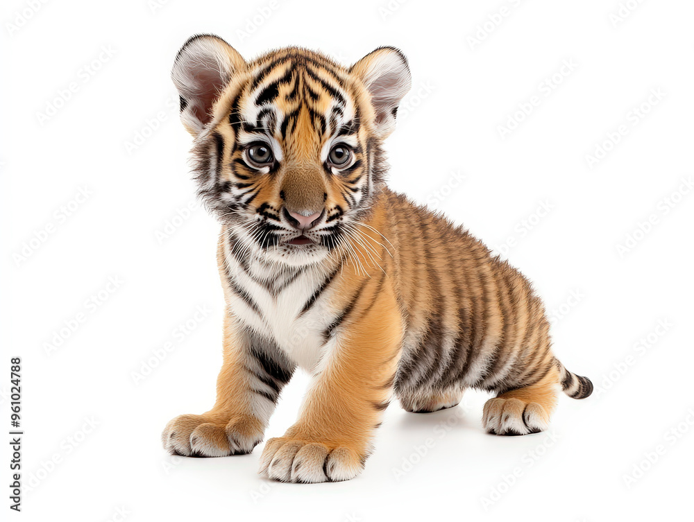 Fototapeta premium Curious Baby Tiger Cub - Playful and Majestic Wildlife Portrait on White Background