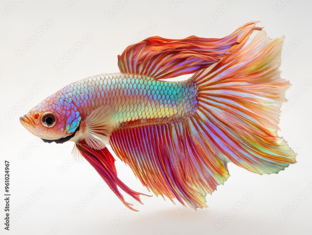 Vibrant Baby Betta Fish Swimming in Graceful Motion Against White Background Vibrant Baby Betta Fish Swimming in Graceful Motion Against White Background
