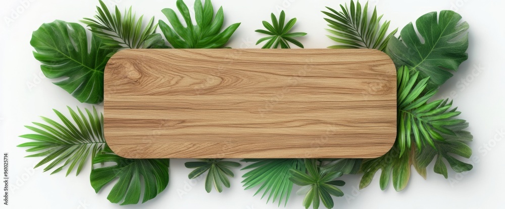 3D rendering of a wooden board with tropical leaves isolated on a white background 3D rendering of a wooden board with tropical leaves isolated on a white background