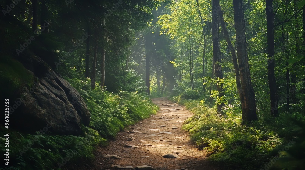 Obraz premium A sunlit path winds through a lush forest, sunlight filtering through the trees.