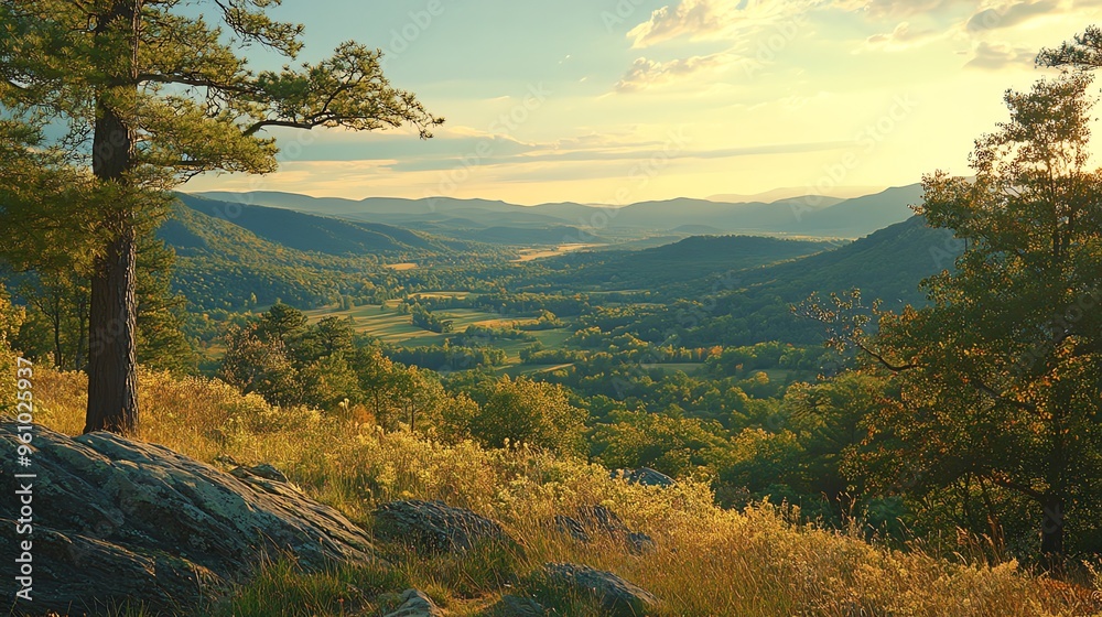 Obraz premium Scenic mountain view with a lush green valley and a single pine tree in the foreground.