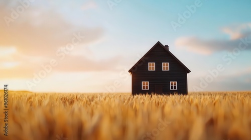 A rustic farmhouse at sunset, surrounded by golden wheat fields, warm autumn light casting long shadows, Realism, Warm tones