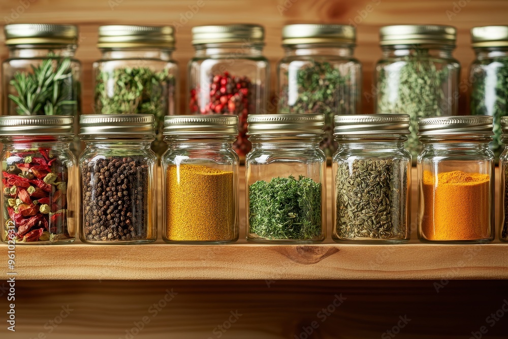 A collection of spice jars neatly arranged on a wooden shelf for culinary use. A collection of spice jars neatly arranged on a wooden shelf for culinary use.