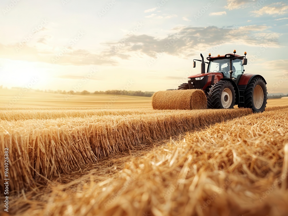 Fototapeta premium Harvesting hay on a warm summer day, with the sun setting behind a tractor, Realism, Earthy warm hues