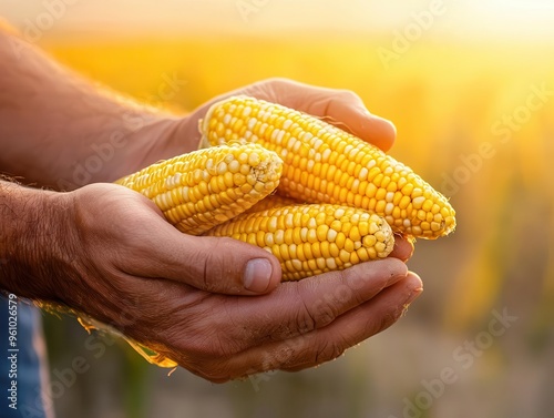 Farmer s hands holding freshly harvested corn, sunlight illuminating the golden husks, Realistic, Warm natural palette photo