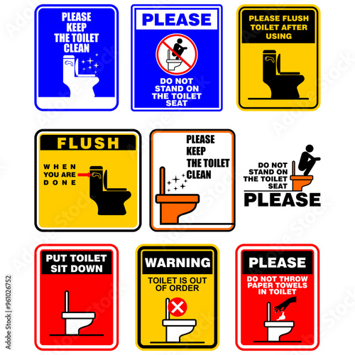 Warning, Please, Flush, put toilet sit down, toilet clean sticker set