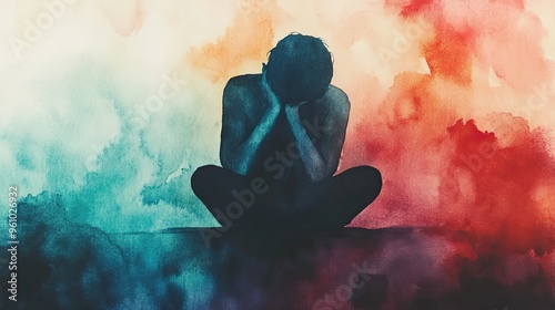 Watercolor flat design image of a person in isolation reflecting depression with soft washes and restrained color palette photo