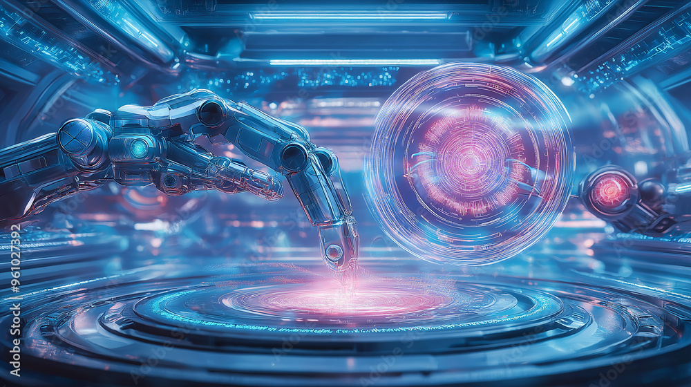 Futuristic Robot Hand Interacting with Holographic Interface Futuristic Robot Hand Interacting with Holographic Interface
