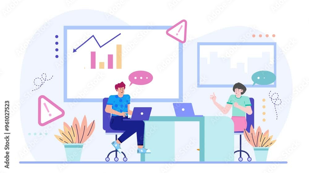 two people collaborating at a modern office desk with laptops and charts discussing business analytics illustration business animated video