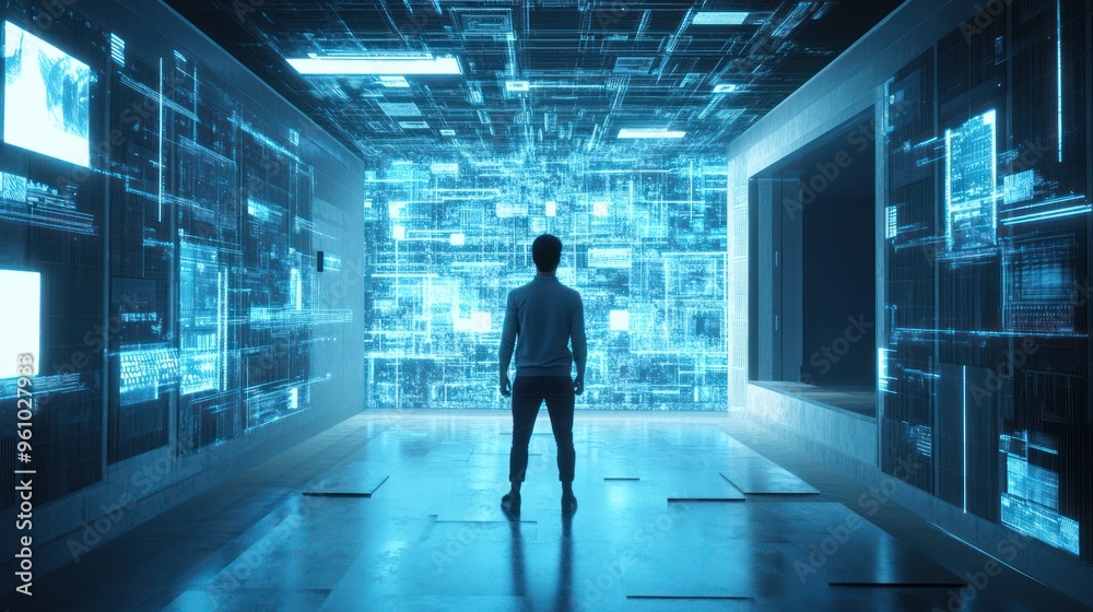 A Man Standing Before a Wall of Information in a Digital World A Man Standing Before a Wall of Information in a Digital World