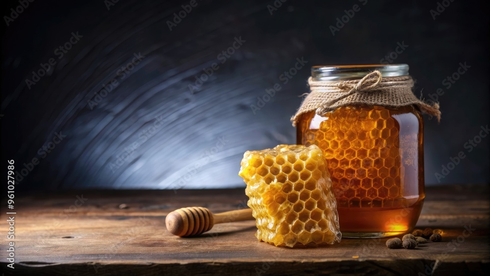Glass jar of honey next to honeycombs on table with dark blurred background, honey, jar, sweet, food, natural, organic Glass jar of honey next to honeycombs on table with dark blurred background, honey, jar, sweet, food, natural, organic