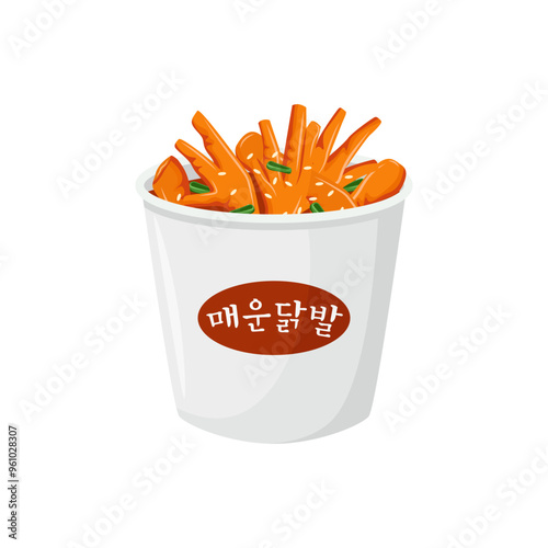 Dakbal or maeun dakbal, spicy korean chicken feet. Text translation: maeun dakbal. photo