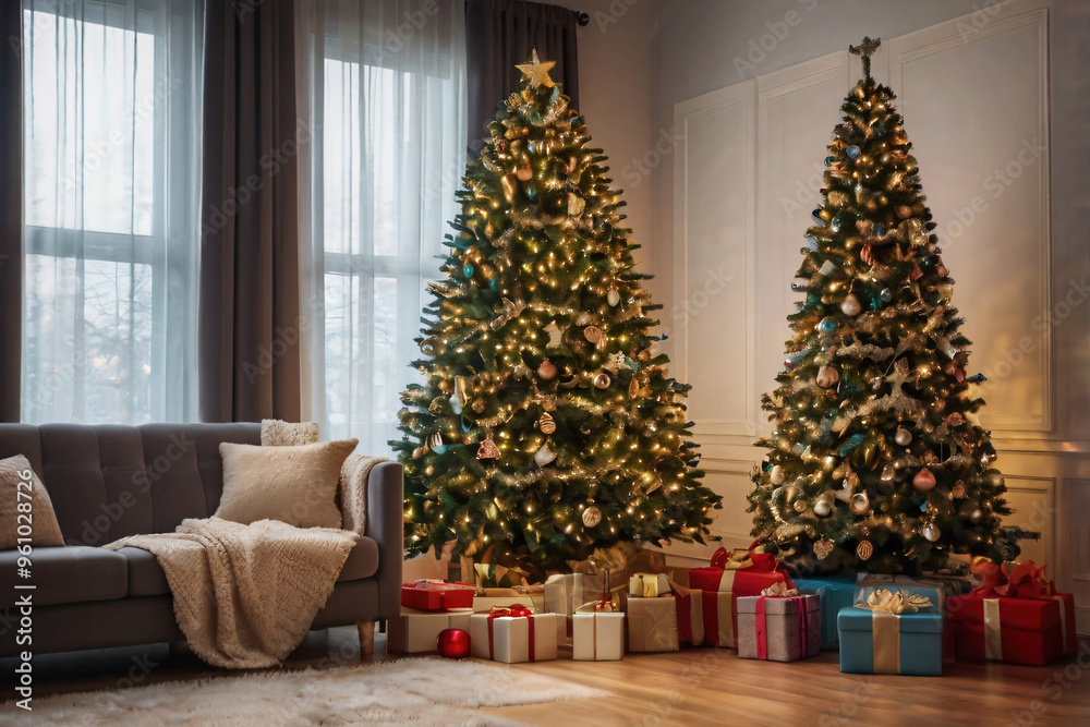 Realistic light glow christmas tree in the living room with colorful gift box on the floor in concept of traditional end of year vacation holiday celebration event season with joyful family Realistic light glow christmas tree in the living room with colorful gift box on the floor in concept of traditional end of year vacation holiday celebration event season with joyful family