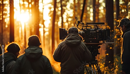 Film crew immersed in a forest setting, capturing moments with actors under the warm glow of the early morning or late afternoon sun