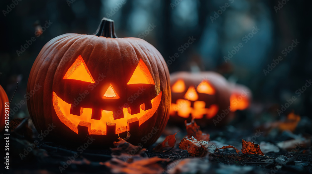 Awesome Creepy jack-o'-lanterns with menacing carved faces, glowing in the dark Awesome Creepy jack-o'-lanterns with menacing carved faces, glowing in the dark