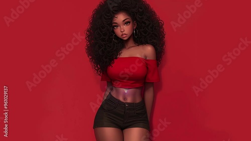 A Female African American Animation Style Character Posing Alone Against a Red Wall With Various Exciting Effects photo