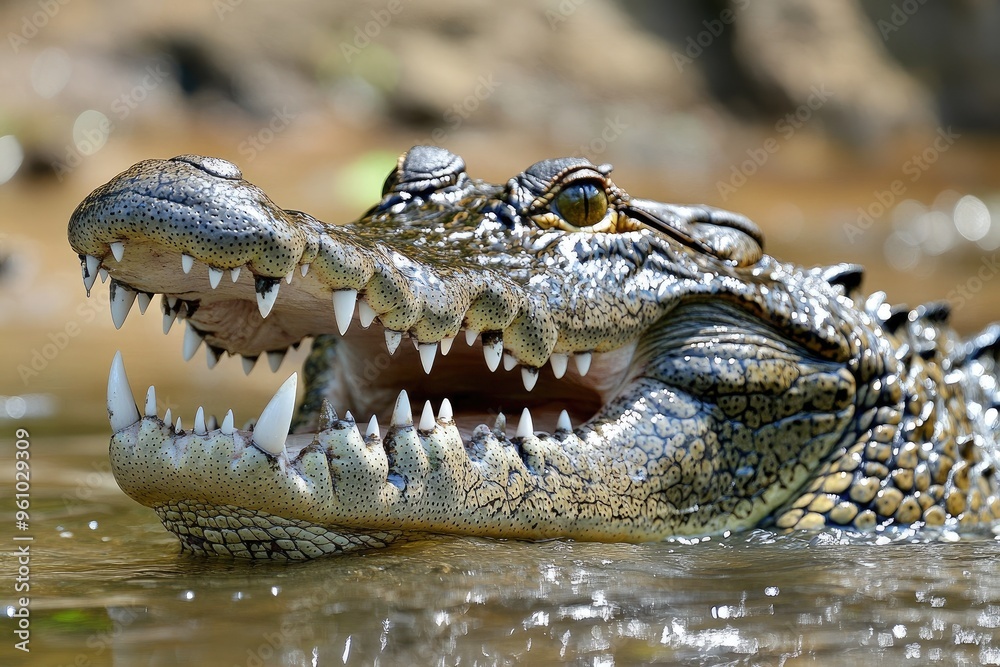 Obraz premium A close-up view of a crocodile showcasing its sharp teeth and fierce expression in a natural habitat.