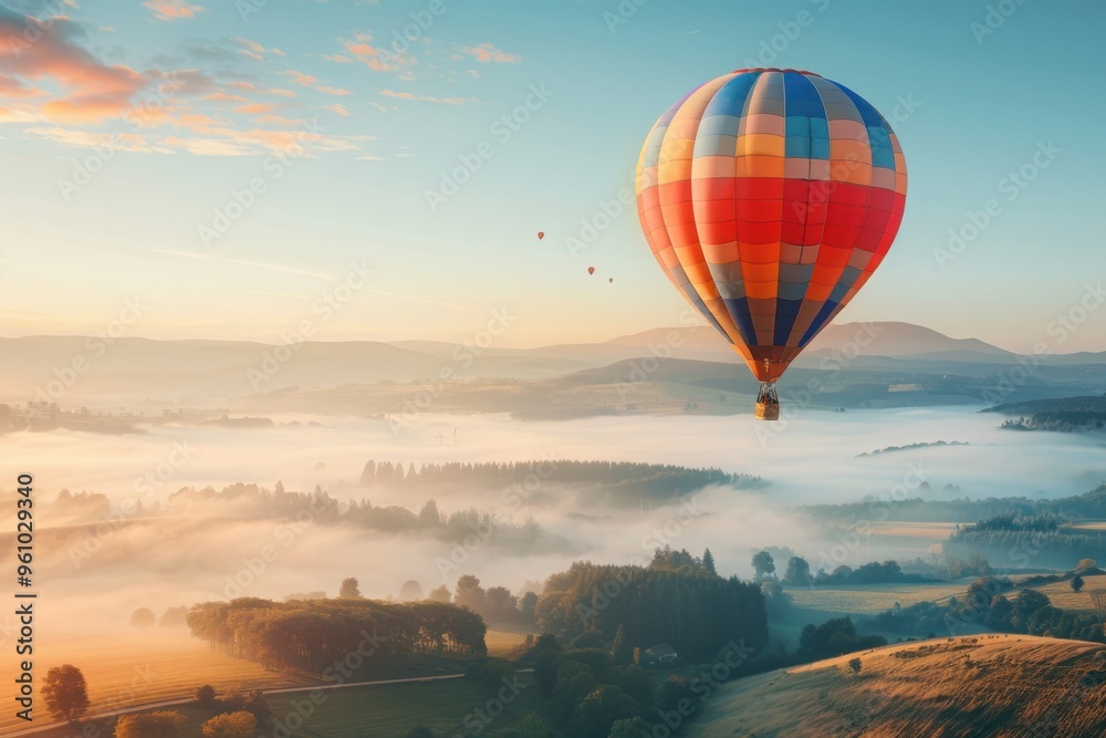 Obraz premium Hot air balloon over misty sunrise landscape