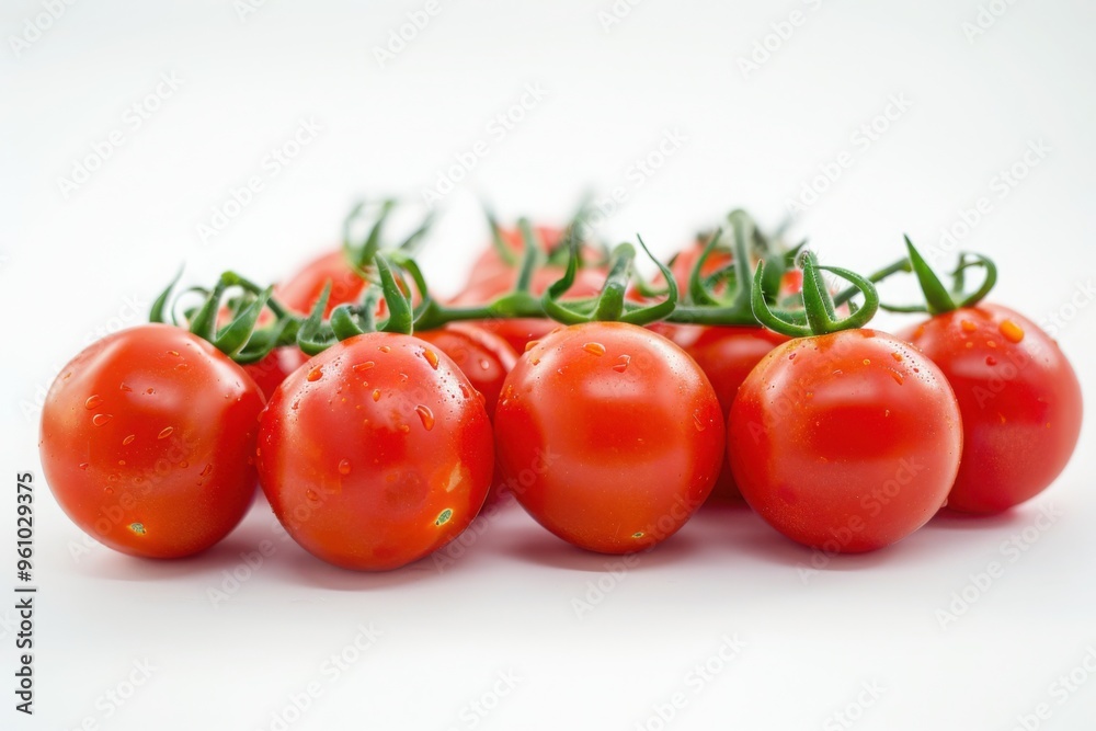 Vine-ripened cherry tomatoes with water droplets Vine-ripened cherry tomatoes with water droplets