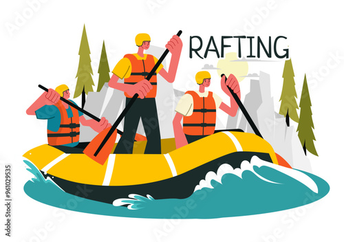 Rafting Vector Illustration featuring People Engaging in Water Sports on a Lake, Canoeing, Sitting in a Boat, and Holding Paddles in the Background