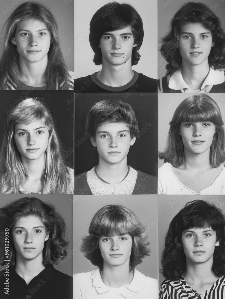 A black and white photo of a group of young people with their faces in profile A black and white photo of a group of young people with their faces in profile