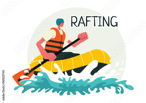 Rafting Vector Illustration featuring People Engaging in Water Sports on a Lake, Canoeing, Sitting in a Boat, and Holding Paddles in the Background