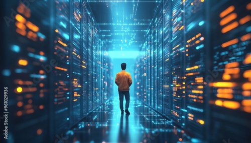 3D illustration of Qadir, male figure, engaged in big data and cloud computing, analyzing large data sets on remote servers, recognizing mistakes, actionable data concept