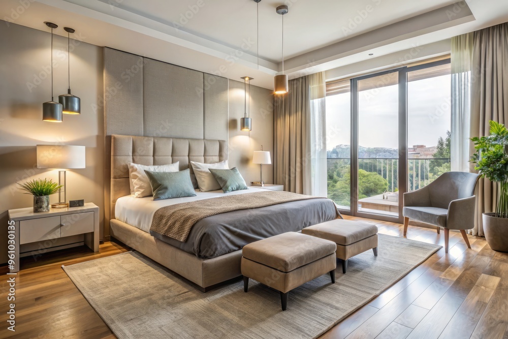 Fototapeta premium In a modern Israeli abode, a tranquil retreat unfolds, where sleek furniture against beige walls creates a soothing
