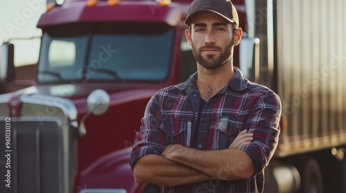 A man in a plaid shirt stands in front of a red semi truck