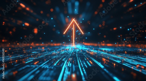 A glowing arrow is pointing upwards in a blue and orange background