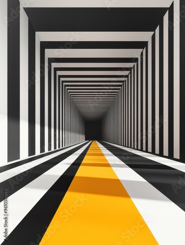 A long hallway with black and white stripes and a yellow line