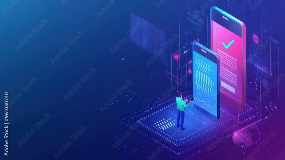 A man is holding a cell phone and looking at a screen with a check mark on it A man is holding a cell phone and looking at a screen with a check mark on it