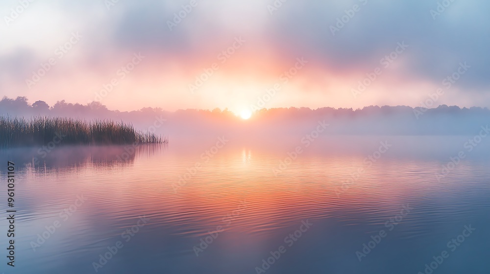 Serene sunrise over a misty lake with a gentle ripple on the water. Serene sunrise over a misty lake with a gentle ripple on the water.