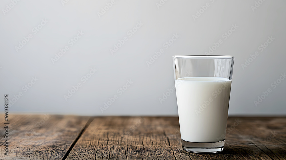 simple glass of milk on a smooth wooden table, with a minimalist white background