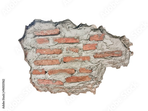 Concrete brick wall. Broken plastered brick wall or cracked of bricks wall isolated on white background.