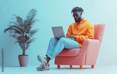 3D rendering of male figure Qadir with laptop, social media focus, 3D illustration on white background, modern and techfocused environment photo