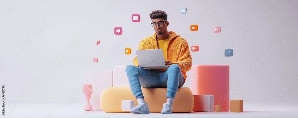 3D rendering of Qadir, male figure, with laptop, social media concept, clean white background, modern tech environment 3D rendering of Qadir, male figure, with laptop, social media concept, clean white background, modern tech environment