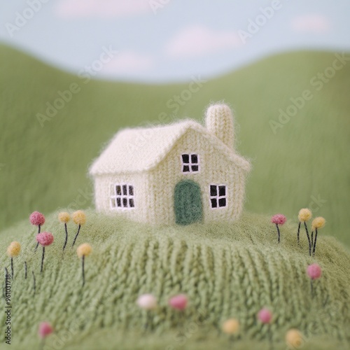 Prairiecore  soft woolly, cottage, made of woolly knit, in a wool and felt world, tinsel and lace, macrolens photo