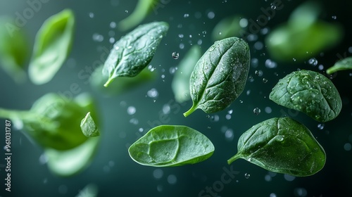 Fresh Green Spinach Leaves Falling in Water Droplets