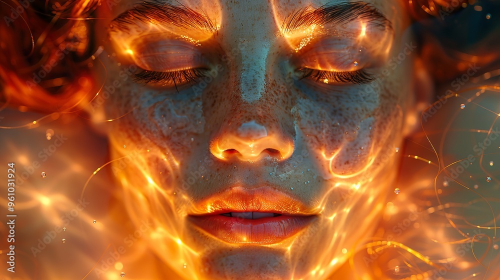 Close-up of a woman's face with eyes closed, glowing with a fiery light. Close-up of a woman's face with eyes closed, glowing with a fiery light.