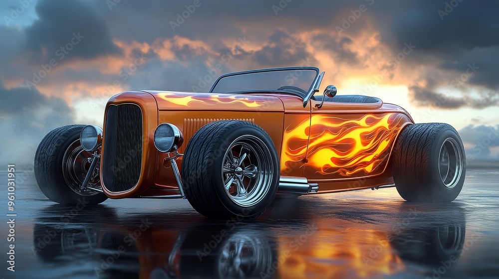 Classic Hot Rod with Flame Design and Sunset Background