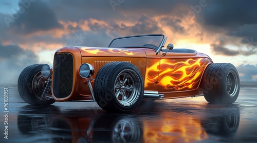 Obraz na płótnie Classic Hot Rod with Flame Design and Sunset Background w salonie