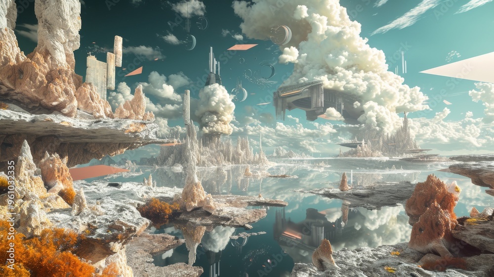 An alien landscape featuring futuristic floating structures set against ...